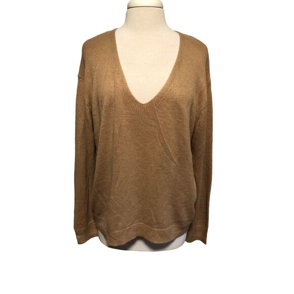 Express tan deep v- neckline long sleeve pullover sweater L - Picture 1 of 4